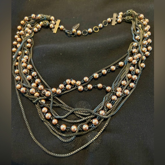 Pre-loved Signed Metal multi strand and fake pearl necklace. By Coldwater Creek - Picture 1 of 7